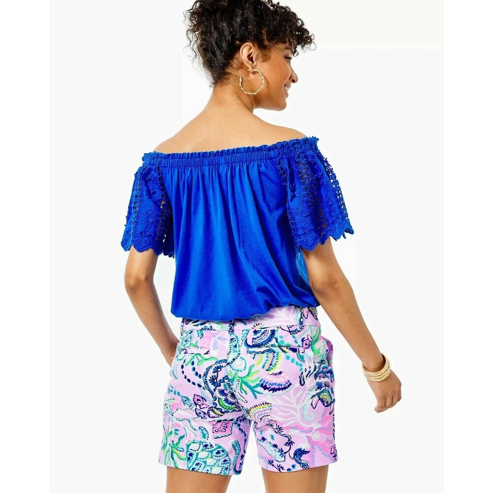 Lilly Pulitzer Fayette Off-The-Shoulder Blouse Top Crochet Ruffle Blue XL 287602 - Picture 2 of 9